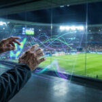 Un analyste utilise une interface numérique transparente avec des données de match devant un stade de football.