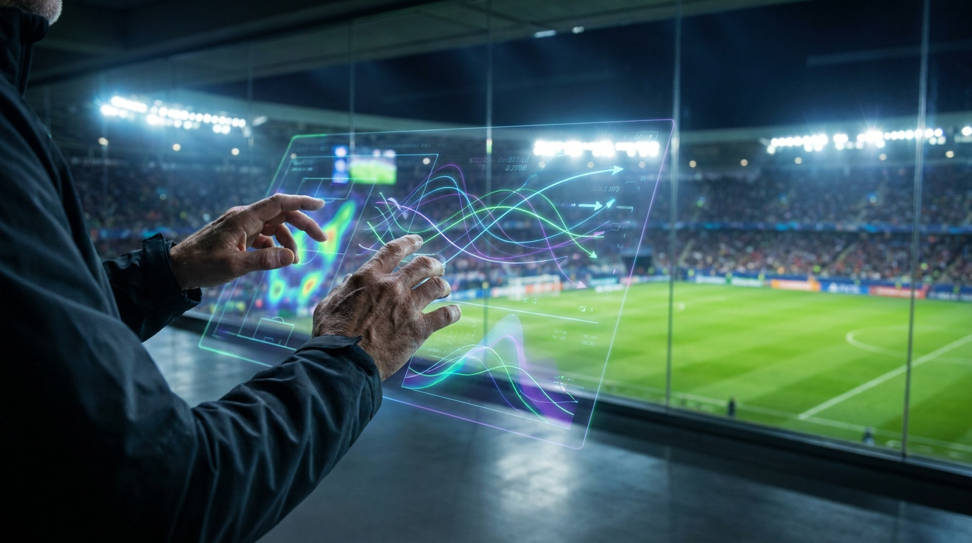 Un analyste utilise une interface numérique transparente avec des données de match devant un stade de football.