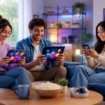 Amis jouant a des jeux mobiles en interieur