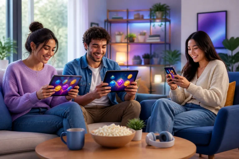 Amis jouant a des jeux mobiles en interieur
