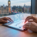 Deux personnes analysent des données de conformité et de sécurité sur une tablette tactile avec une vue urbaine.