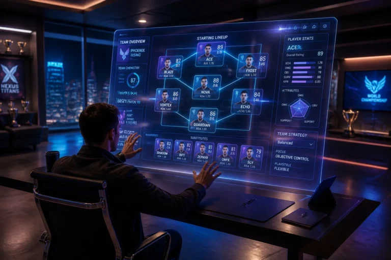 Coach de sport analysant une equipe holographique