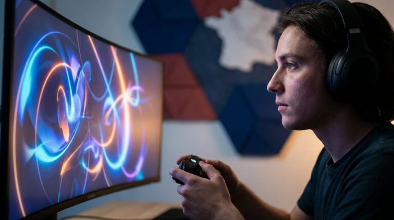 Jeune homme concentré jouant aux jeux vidéo avec un casque devant un écran incurvé lumineux.