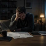Homme accable par les soucis financiers