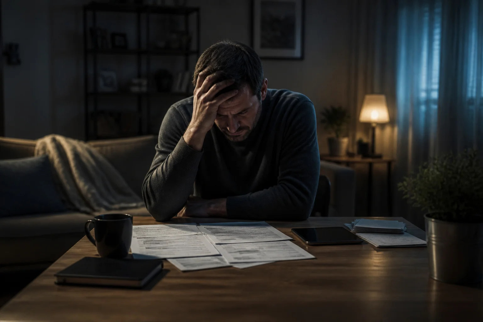 Homme accable par les soucis financiers