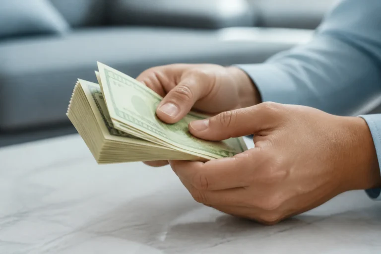 Mains tenant une liasse de billets
