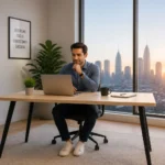 Bureau moderne avec vue sur la ville au lever du soleil