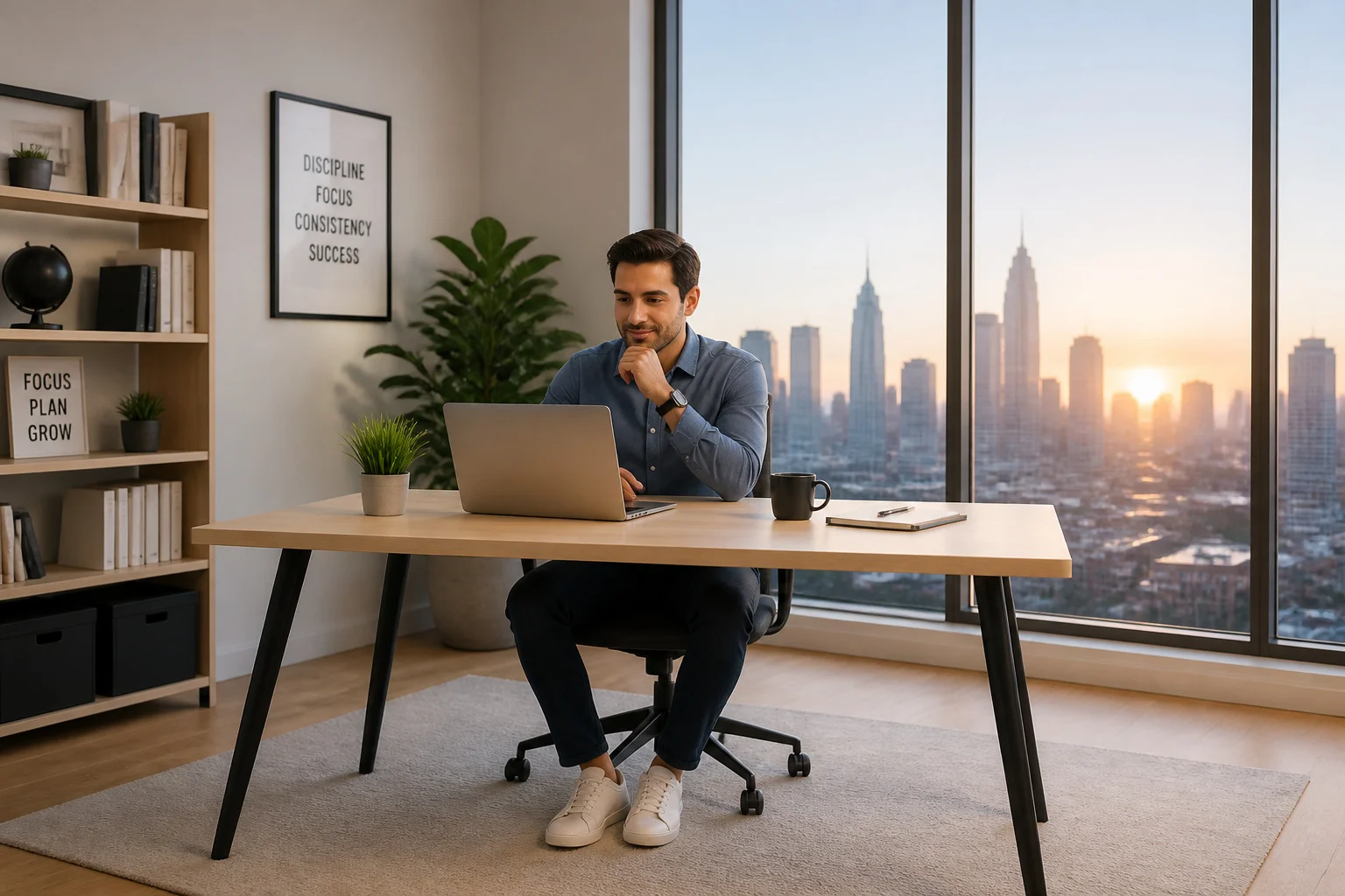 Bureau moderne avec vue sur la ville au lever du soleil