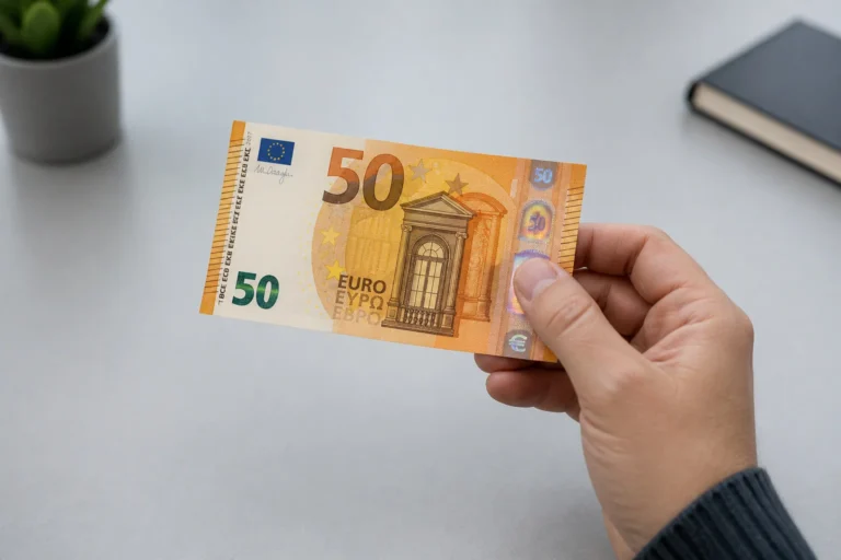 Billet de 50 euros sous examen