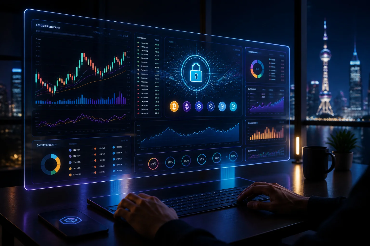 Ecran holographique de trading crypto securise