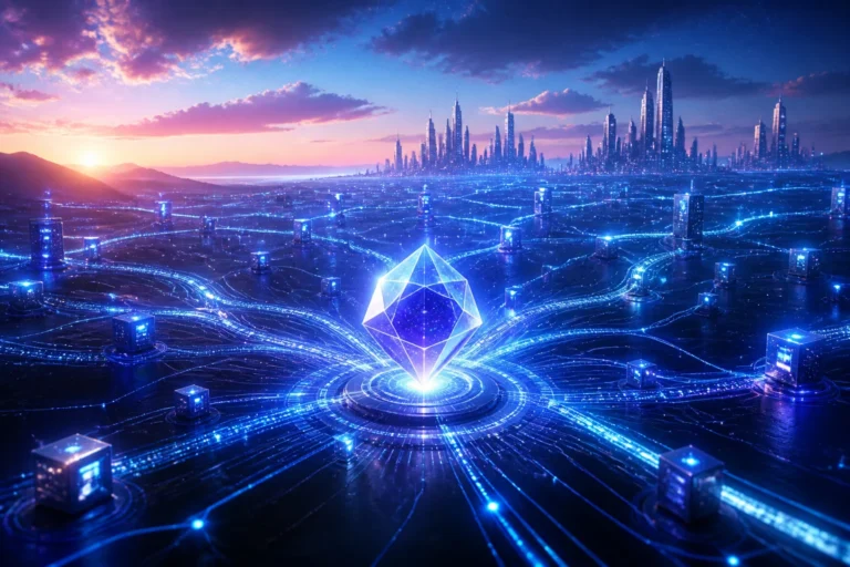 Paysage numerique futuriste a laube