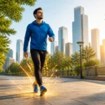 Homme marchant dans la ville avec des particules dorees