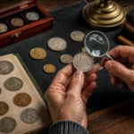 Collectionneur examinant des pesetas anciennes