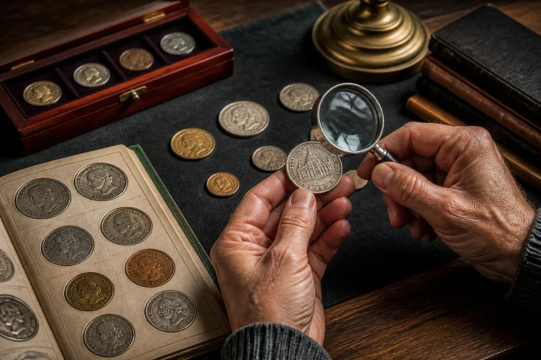 Collectionneur examinant des pesetas anciennes