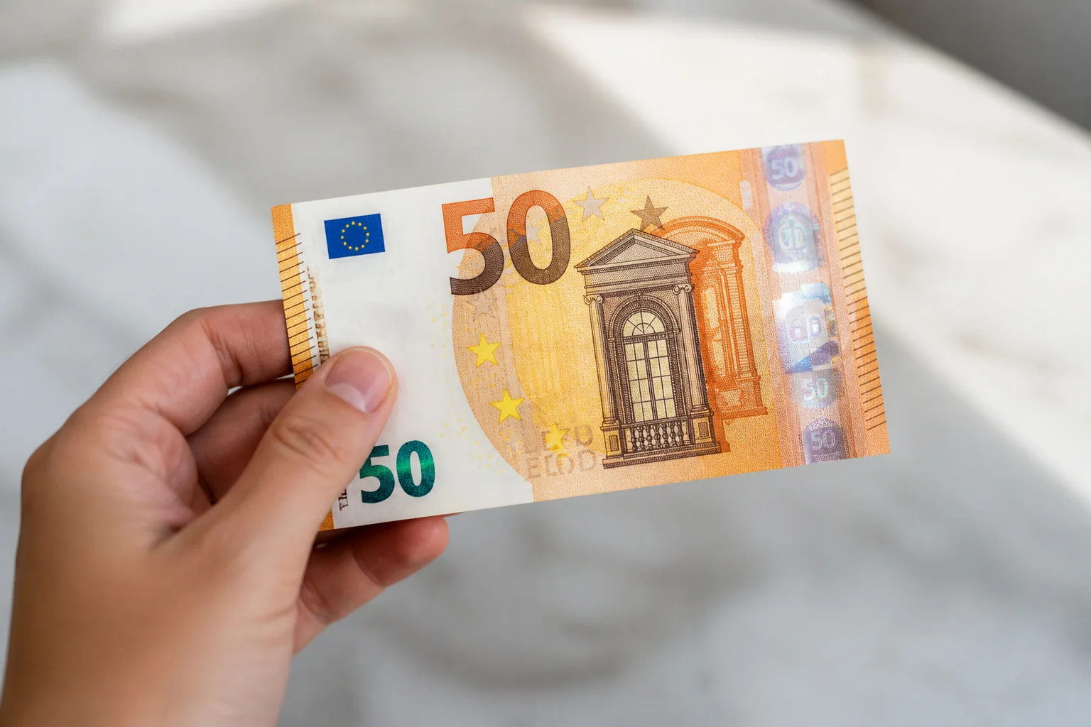 Billet de 50 euros presente par une main