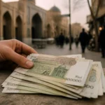 Main de contemplation sur des rials iraniens