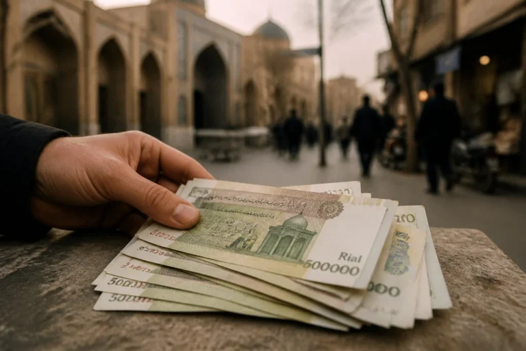 Main de contemplation sur des rials iraniens