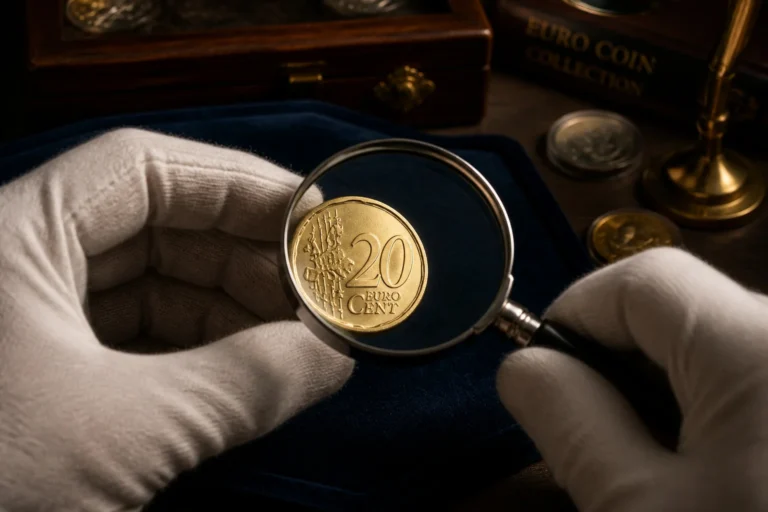 Piece de 20 centimes deuro sous loupe