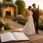 Couple de maries dans un jardin fleuri