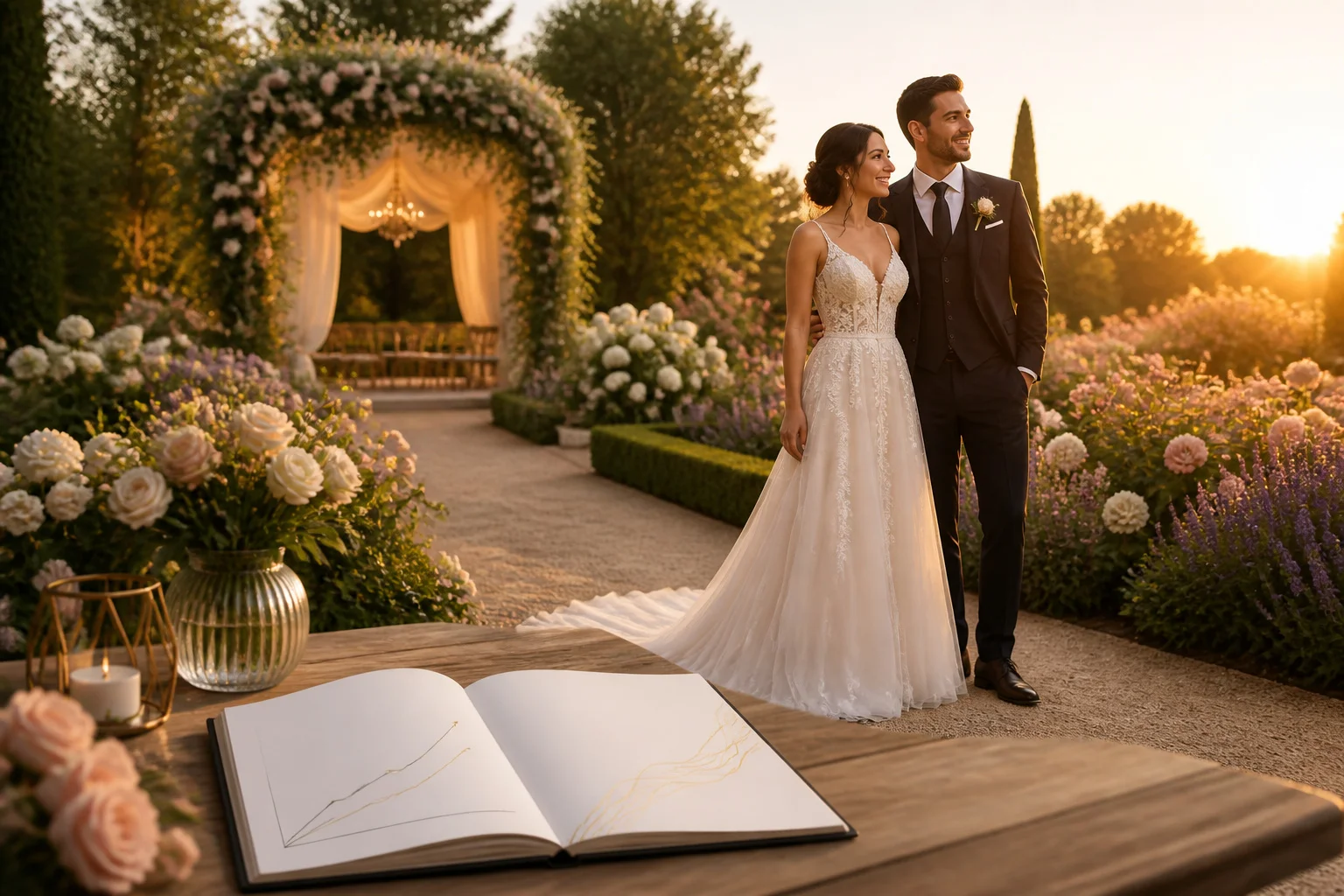 Couple de maries dans un jardin fleuri