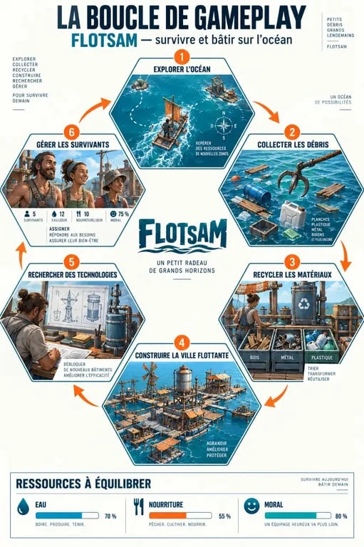 Infographie de la boucle de gameplay de Flotsam, souvent recherché sous l’orthographe floatsam