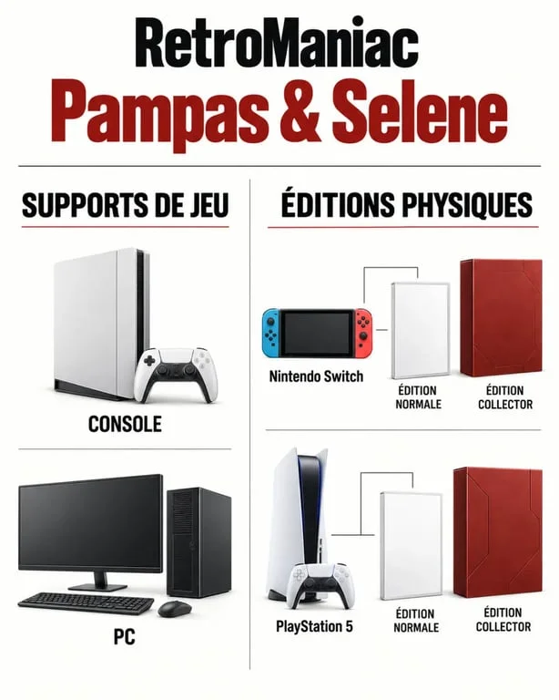 Infographie RetroManiac sur les plateformes et éditions physiques de Pampas & Selene