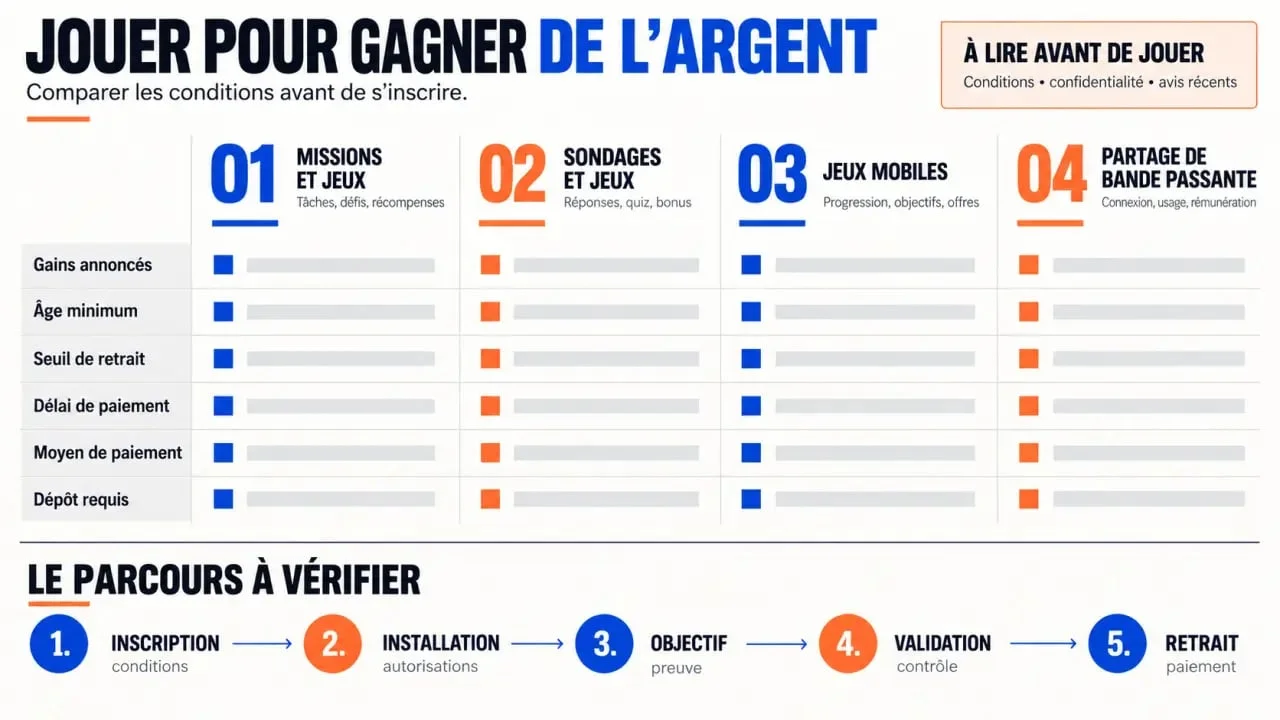 Jeux gagner de l'argent : infographie des plateformes, seuils de retrait et étapes de validation