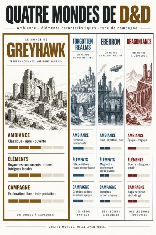 Greyhawk comparé à Forgotten Realms, Eberron et Dragonlance dans une infographie éditoriale