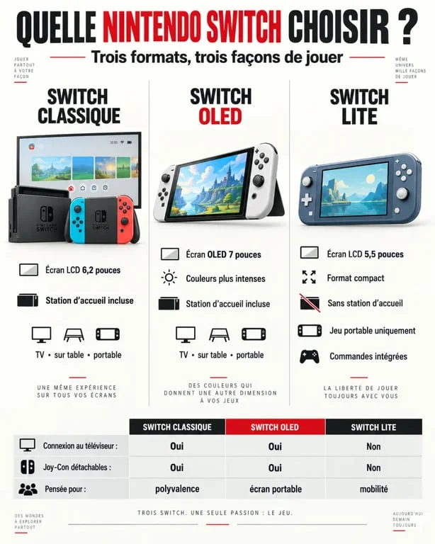 Combien coûte une Nintendo Switch : infographie comparant les modèles classique, OLED et Lite