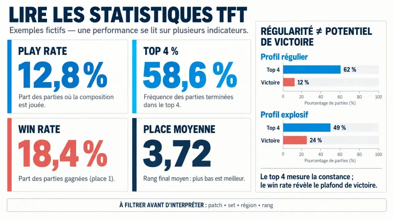 Infographie des statistiques TFT : play rate, top 4 %, win rate et place moyenne