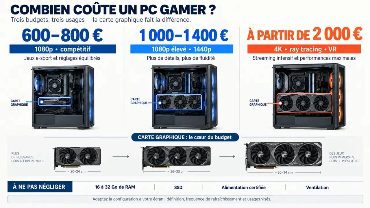 Infographie sur combien coûte un PC gamer selon les niveaux de performance et la définition d’écran
