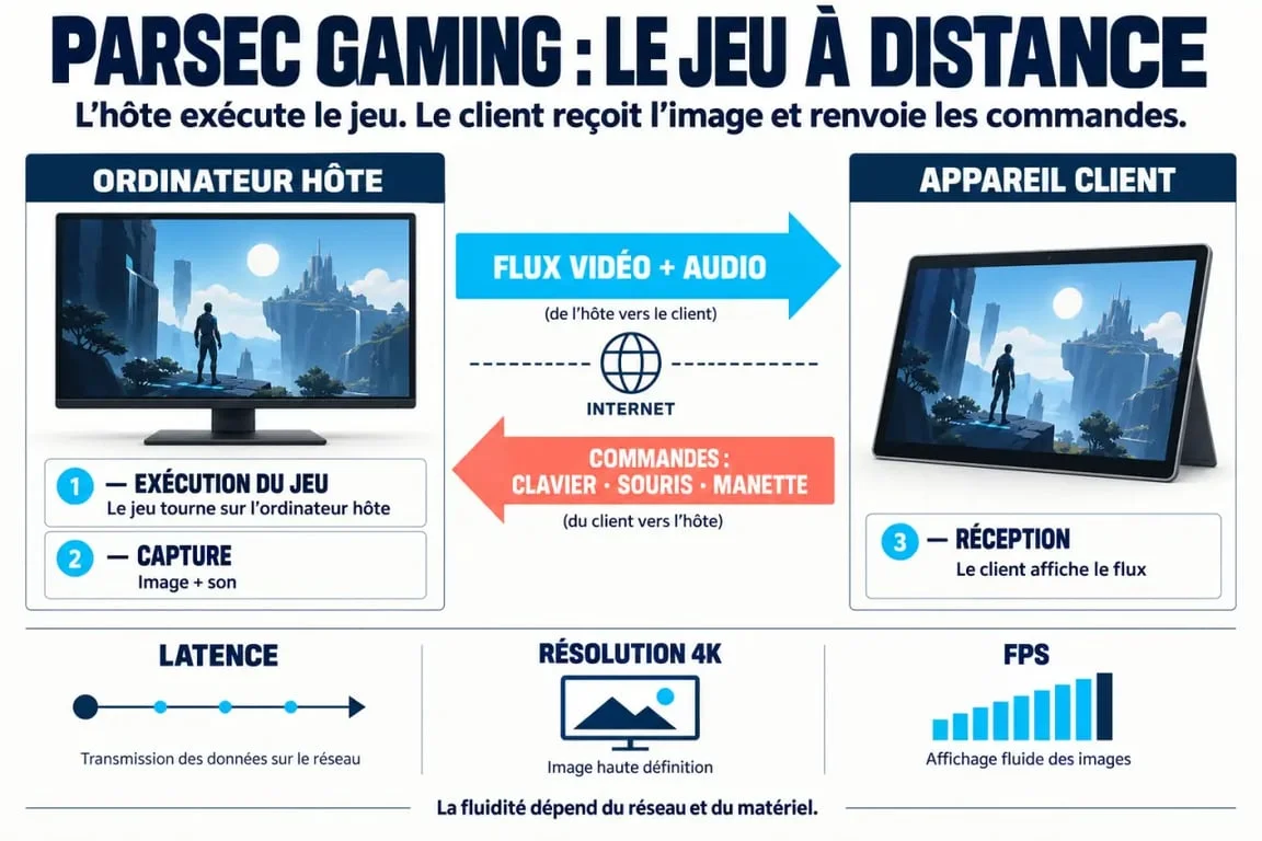 Schéma du fonctionnement de Parsec gaming entre ordinateur hôte et appareil client