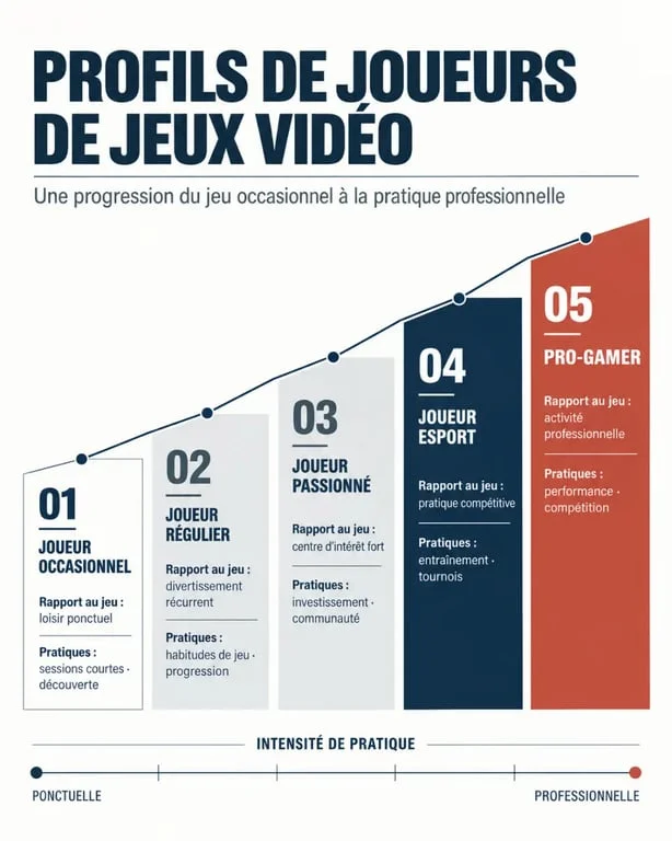 Infographie des profils de joueur de jeu vidéo, du joueur occasionnel au pro-gamer