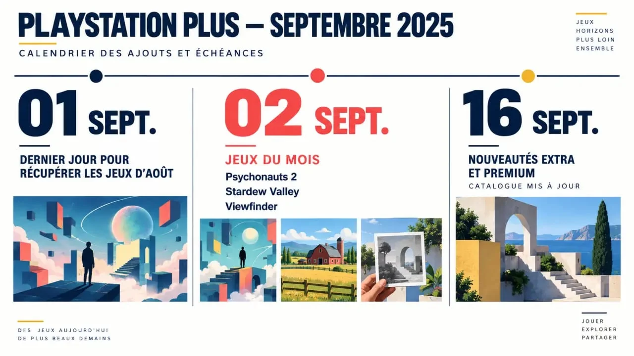 Calendrier PlayStation Plus septembre 2025 avec les jeux du mois et les dates Extra Premium