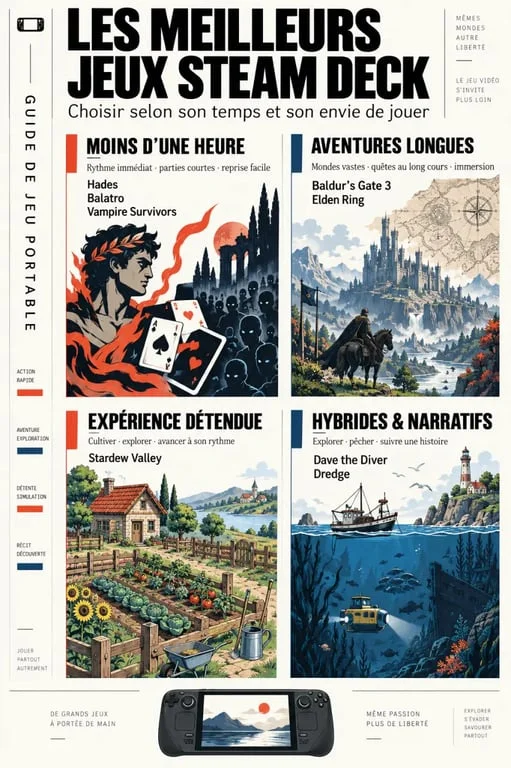 Infographie des meilleur jeux steam deck selon la durée des sessions et le type de joueur