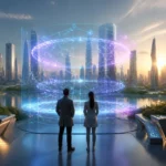 Paysage numerique futuriste a laube