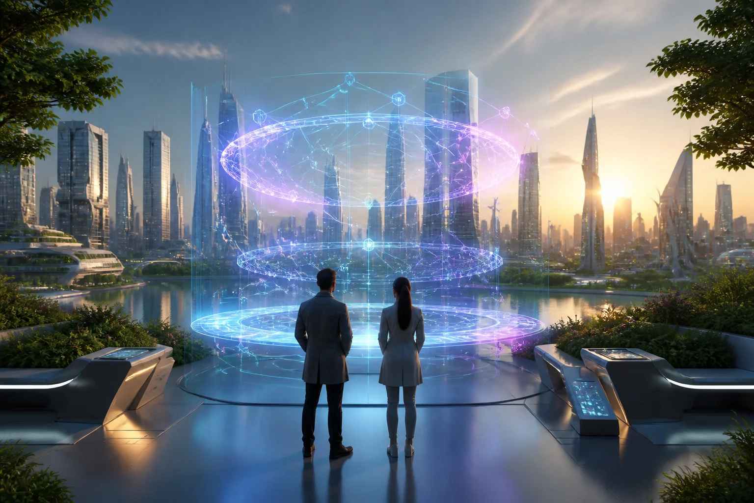 Paysage numerique futuriste a laube