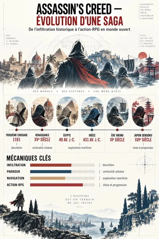 Infographie sur l’évolution d’Assassin’s Creed, ses périodes historiques et ses styles de gameplay