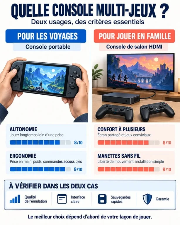 Infographie pour choisir une console multi jeux portable ou de salon selon son usage