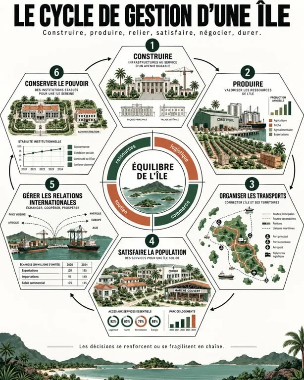 Infographie du cycle de gestion dans Tropico jeu vidéo