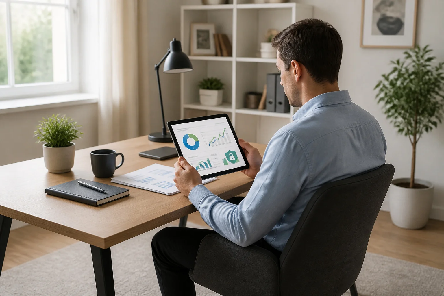 Homme analysant des donnees financieres sur tablette