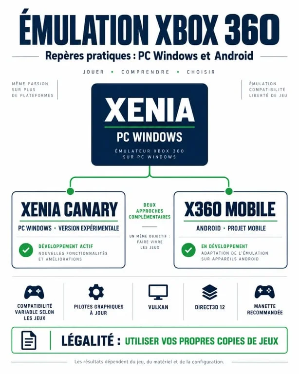 Infographie comparative sur l’emulator xbox 360 Xenia, Android, compatibilité et prérequis
