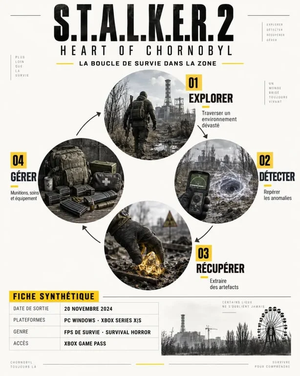 Infographie S.T.A.L.K.E.R. 2 présentant la Zone, les anomalies, les artefacts et la gestion des ressources