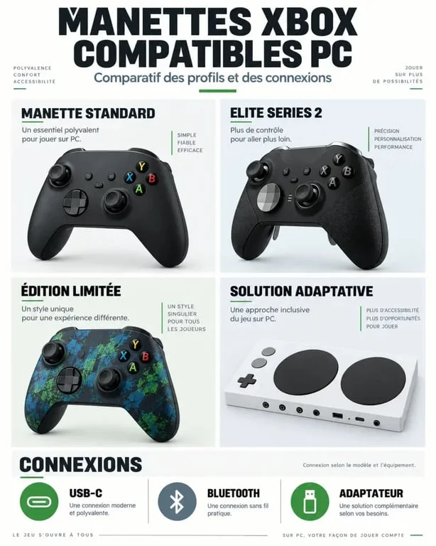 Infographie comparative des manettes Xbox PC standard, Elite et adaptatives