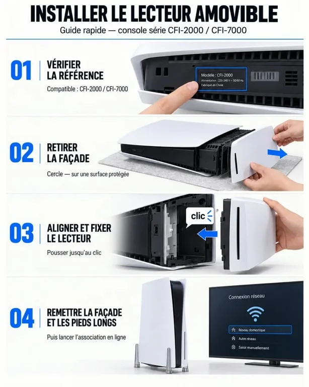 Lecteur PS5 : illustration des étapes d'installation et d'association à la console