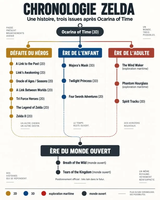 Infographie de la chronologie de the adventures of zelda et des principales évolutions de The Legend of Zelda