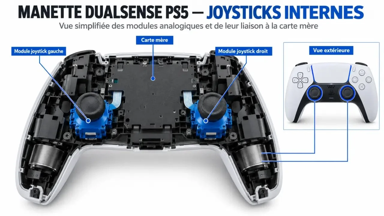Joystick PS5 interne : emplacement du module analogique dans une manette DualSense