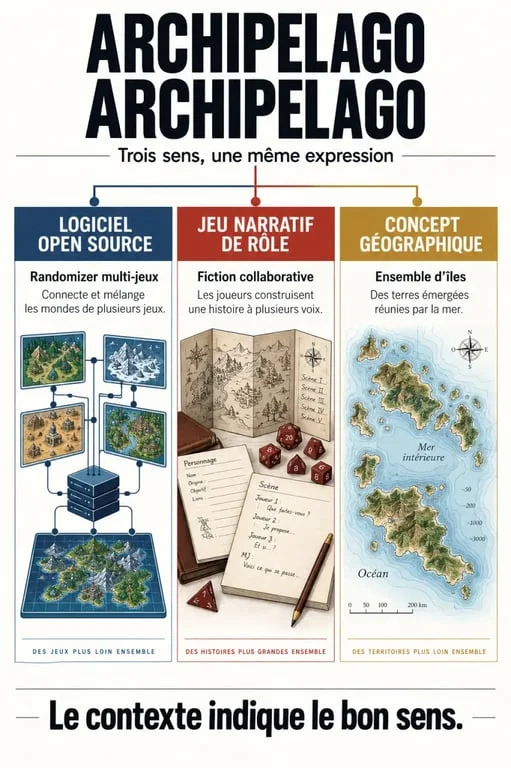 Infographie Archipelago Archipelago distinguant le logiciel multiworld, le jeu narratif et le terme géographique
