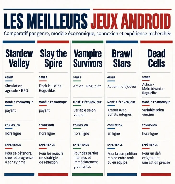 Meilleurs jeux Android : comparaison des genres, modèles économiques et modes de connexion