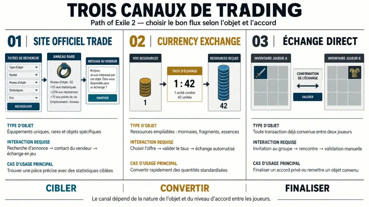 Infographie poe2 trade comparant le site officiel Trade, le Currency Exchange et l’échange direct